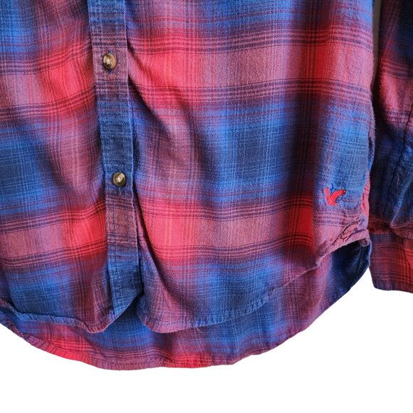 American Eagle Vintage Boyfriend Plaid Top PS Button Shirt Blue Red Flannel - Picture 5 of 16